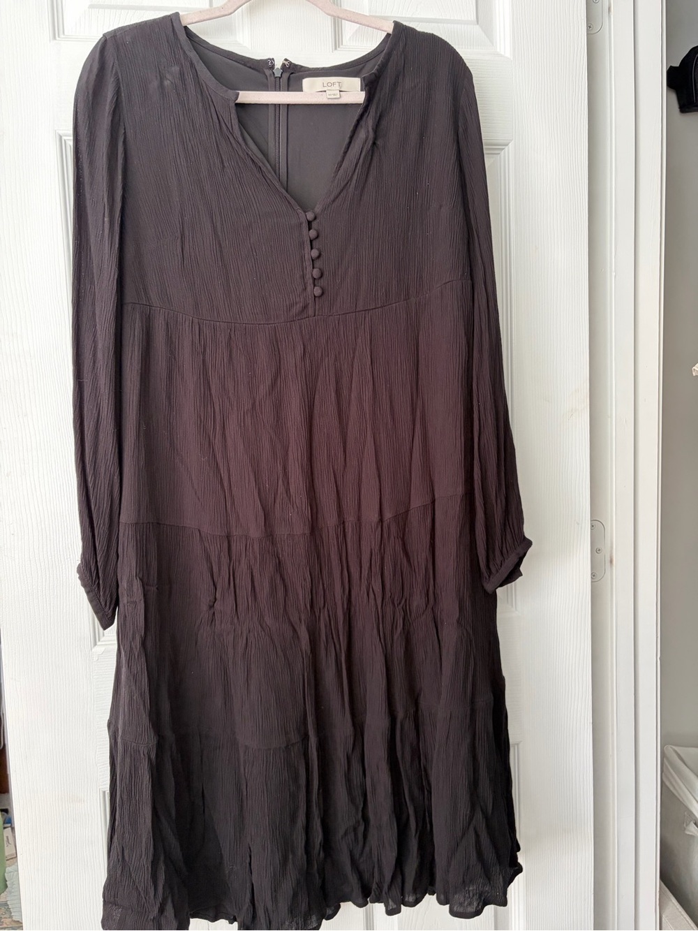 LOFT Dark Brown Long-Sleeve V-Neck Button Tunic Dress